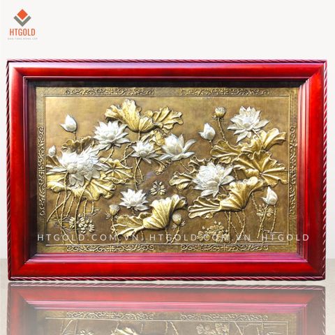 TRANH HOA SEN BẰNG ĐỒNG, DÁT ĐIỂM  BẠC (Kích thước 1m07 x 1m55)