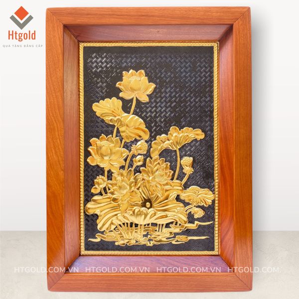 TRANH ĐỒNG HOA SEN, DÁT VÀNG (Kích thước 54cm x 38cm)