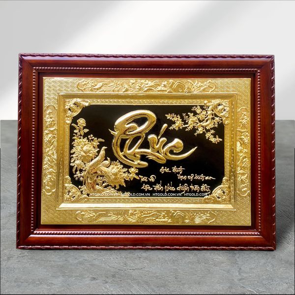 TRANH CHỮ PHÚC BẰNG ĐỒNG MẠ VÀNG 24K, KHUNG GỖ GỤ (81cm * 107cm)