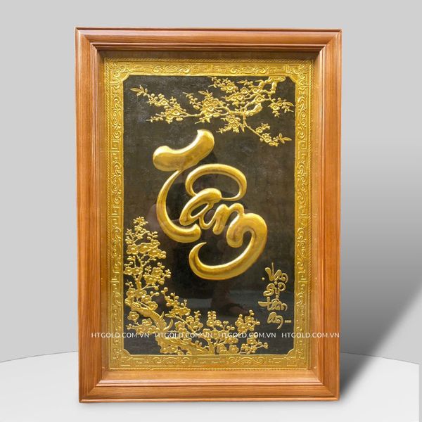 TRANH CHỮ TÂM BẰNG ĐỒNG, DÁT VÀNG  (50cm x 70cm)