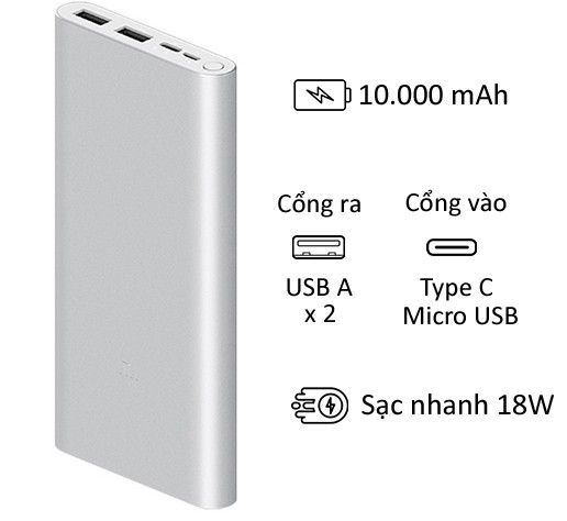 Pin sạc dự phòng Polymer 10.000mAh Xiaomi Mi 18W Fast Charge Power Bank 3