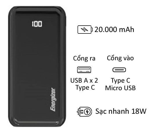 Pin dự phòng Energizer 20.000mAh UE20011PQ PD 18W