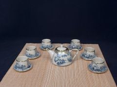 Ấm chén men rạn bọc đồng vẽ Sơn thủy dáng siêu quai sứ