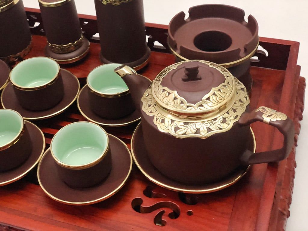 Bộ ấm chén tử sa Bát Tràng dáng tống đen đầy đủ phụ kiện