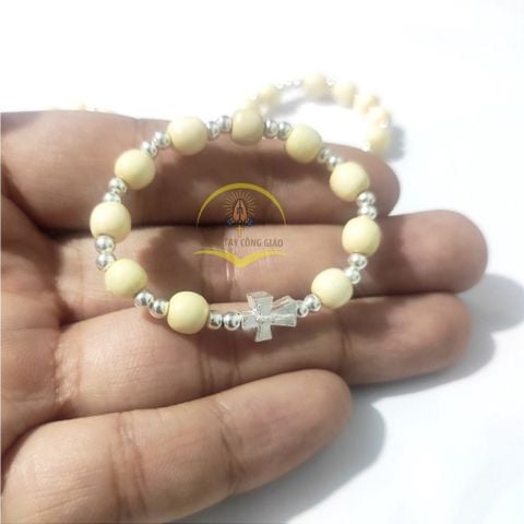  Chuỗi Mân Côi Gỗ Dâu Tằm mix Bạc Cho Bé 