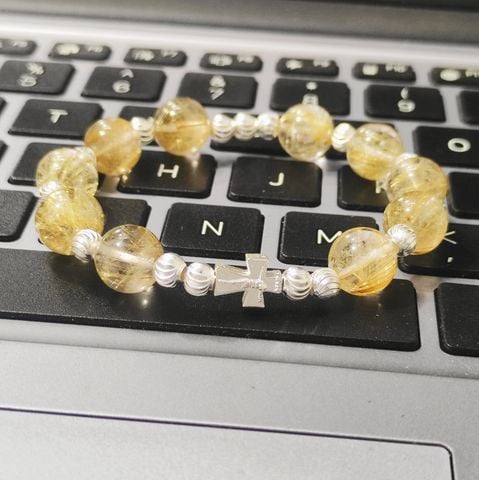  Chuỗi Mân Côi Đá Thạch Anh Tóc Vàng Mix Bạc Ta 