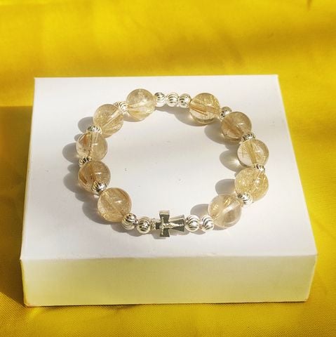  Chuỗi Mân Côi Đá Thạch Anh Tóc Vàng Mix Bạc Ta 