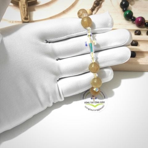  Chuỗi Mân Côi Đá Thạch Anh Tóc Vàng Mix Pha Lê 