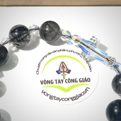  Chuỗi Mân Côi Đá Thạch Anh Tóc Đen Mix Pha Lê 