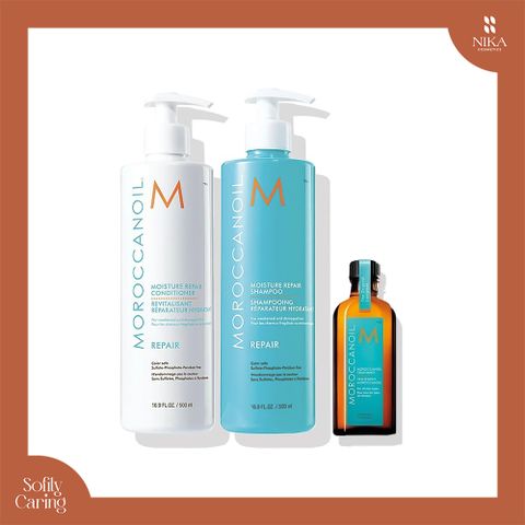 Set Dầu Gội + Dầu Xả + Dầu Dưỡng Tóc Moroccanoil Repair Shine 500Mlx2 +50Ml