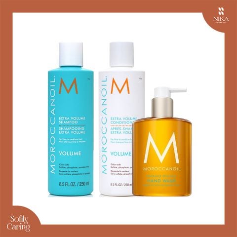 Set Dầu Gội + Dầu Xả + Nước Rửa Tay Moroccanoil Volume 500Mlx2 + 360Ml