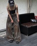 Double Waist Washed Jeans - Brown