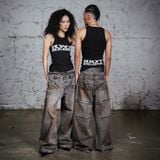 Double Waist Washed Jeans - Brown