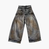 Double Waist Washed Jeans - Brown
