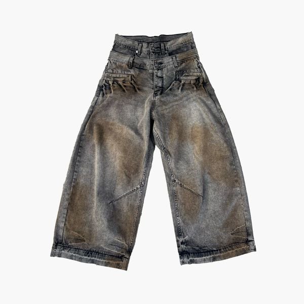  Double Waist Washed Jeans - Brown 