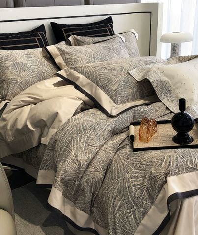 Chăn ga gối vải satin cao cấp họa tiết gấm mây, dương xỉ