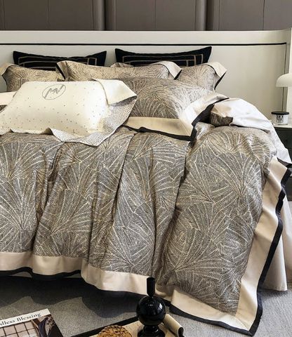 Chăn ga gối vải satin cao cấp họa tiết gấm mây, dương xỉ