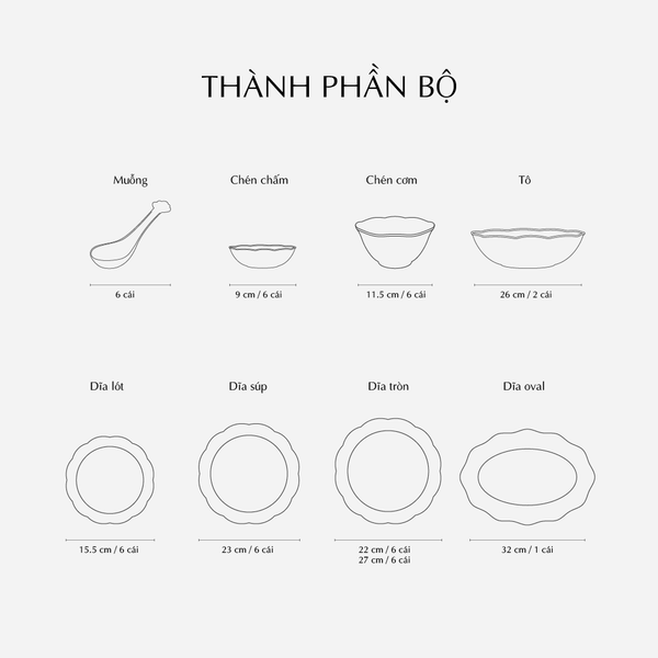 Bộ đồ ăn 6 người Âu-Á 45 sản phẩm - Đài Các IFP - Trang trí hoa