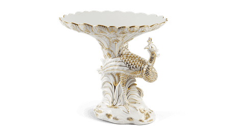  Tô trái cây Khổng Tước (dáng đứng - bên trái) - Vẽ tay - Trắng- Trang Trí Vàng 