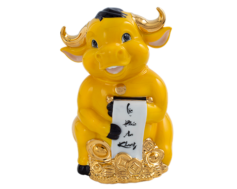  Trâu Hạnh Phúc 9.5cm - Màu Vàng Nghệ - Trang trí vàng 24k 