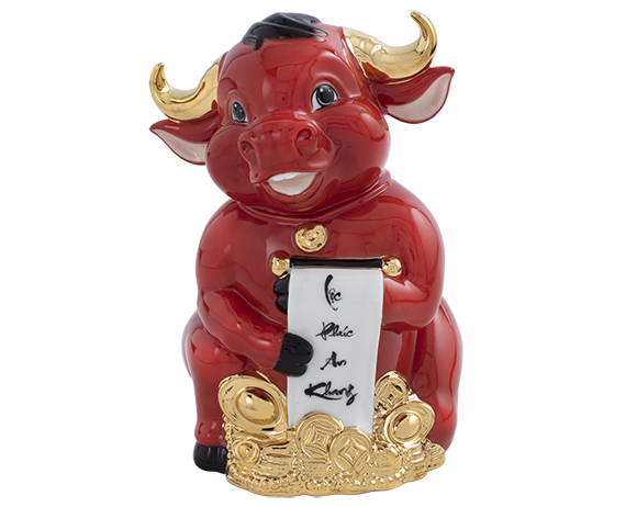 [gt] trâu hạnh phúc 9.5cm - màu đỏ - trang trí vàng 24k