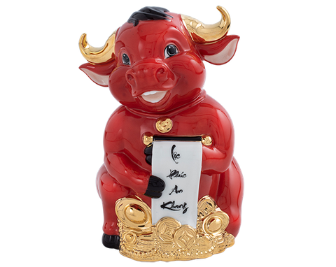  Trâu Hạnh Phúc 9.5cm - Màu Đỏ - Trang trí vàng 24k 