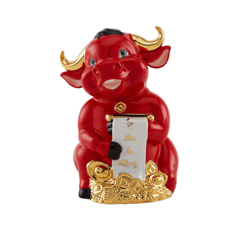  Trâu Hạnh Phúc 16cm - Màu Đỏ - Trang trí vàng 24k 
