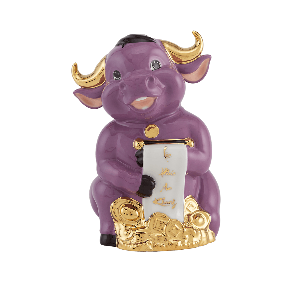 [gt] trâu hạnh phúc 16cm - màu tím - trang trí vàng 24k
