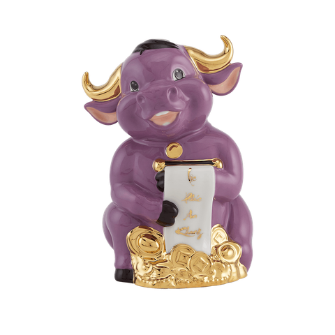  Trâu Hạnh Phúc 16cm - Màu Tím - Trang trí vàng 24k 