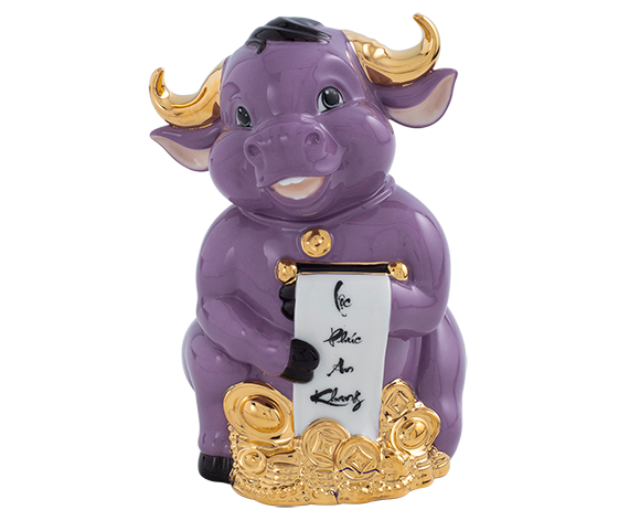 Trâu Hạnh Phúc 9.5cm - Màu Tím - Trang trí vàng 24k