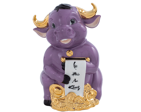  Trâu Hạnh Phúc 9.5cm - Màu Tím - Trang trí vàng 24k 