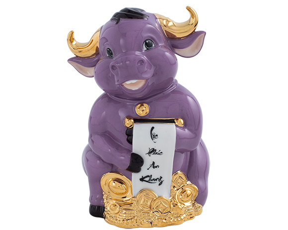 Trâu Hạnh Phúc 9.5cm - Màu Tím - Trang trí vàng 24k