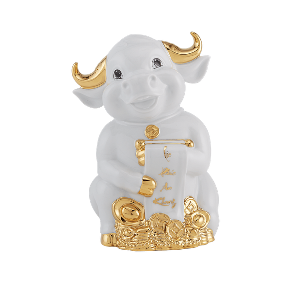 [GT] Trâu Hạnh Phúc 16cm - Màu Trắng - Trang trí vàng 24k