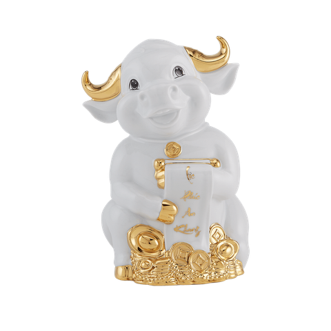  [GT] Trâu Hạnh Phúc 16cm - Màu Trắng - Trang trí vàng 24k 
