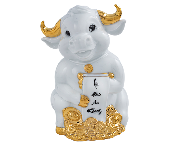 [GT] Trâu Hạnh Phúc 9.5cm - Màu Trắng - Trang trí vàng 24k