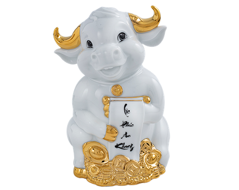  [GT] Trâu Hạnh Phúc 9.5cm - Màu Trắng - Trang trí vàng 24k 