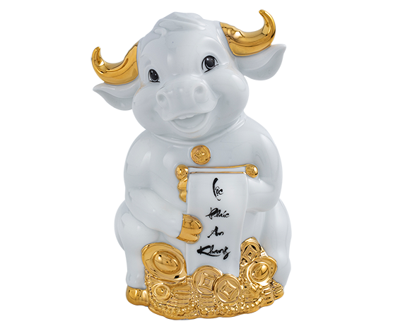 [GT] Trâu Hạnh Phúc 9.5cm - Màu Trắng - Trang trí vàng 24k