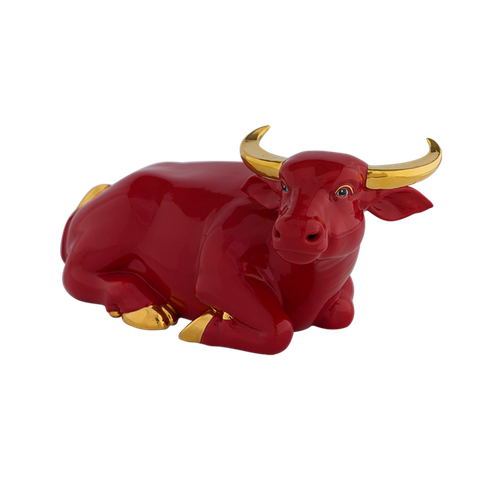  Trâu Hưởng Lộc 23cm - Màu Đỏ - Trang trí vàng 24k 