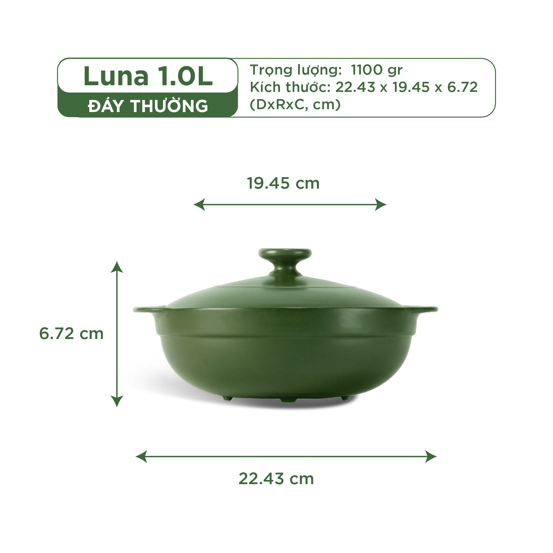 Nồi dưỡng sinh Luna (Nồi cạn) 1.0 L + nắp (CK)