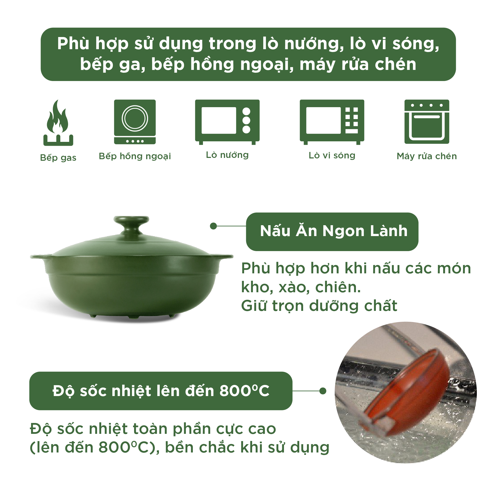 Nồi dưỡng sinh Luna 1.0 L + nắp (CK) - HealthyCook - Xanh Rêu