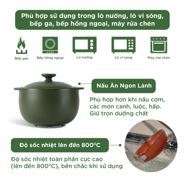 Nồi dưỡng sinh Vesta 2.0 L + nắp (CK) - Healthy Cook - Xanh Rêu