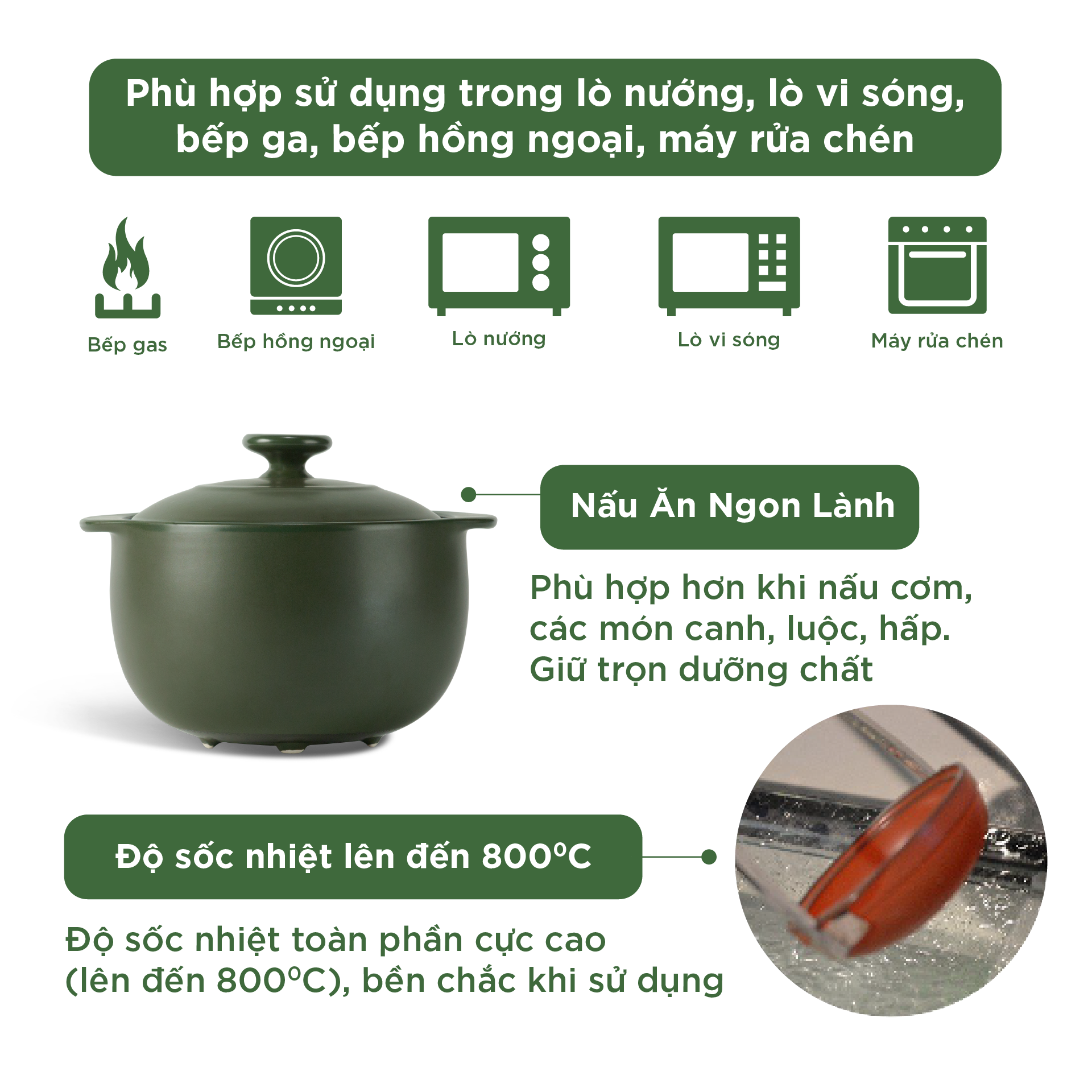 Nồi dưỡng sinh Vesta 2.0 L + nắp (CK) - Healthy Cook - Xanh Rêu