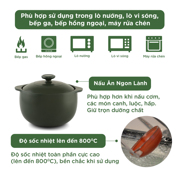 Nồi dưỡng sinh Vesta (Nồi tròn cao) 0.4 L + nắp (CK) - Xanh Rêu