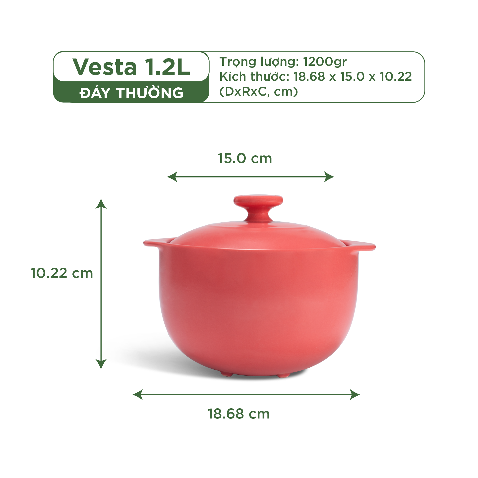 Nồi dưỡng sinh Vesta (Nồi tròn cao) 1.2 L + nắp (CK) - Màu Đỏ 2