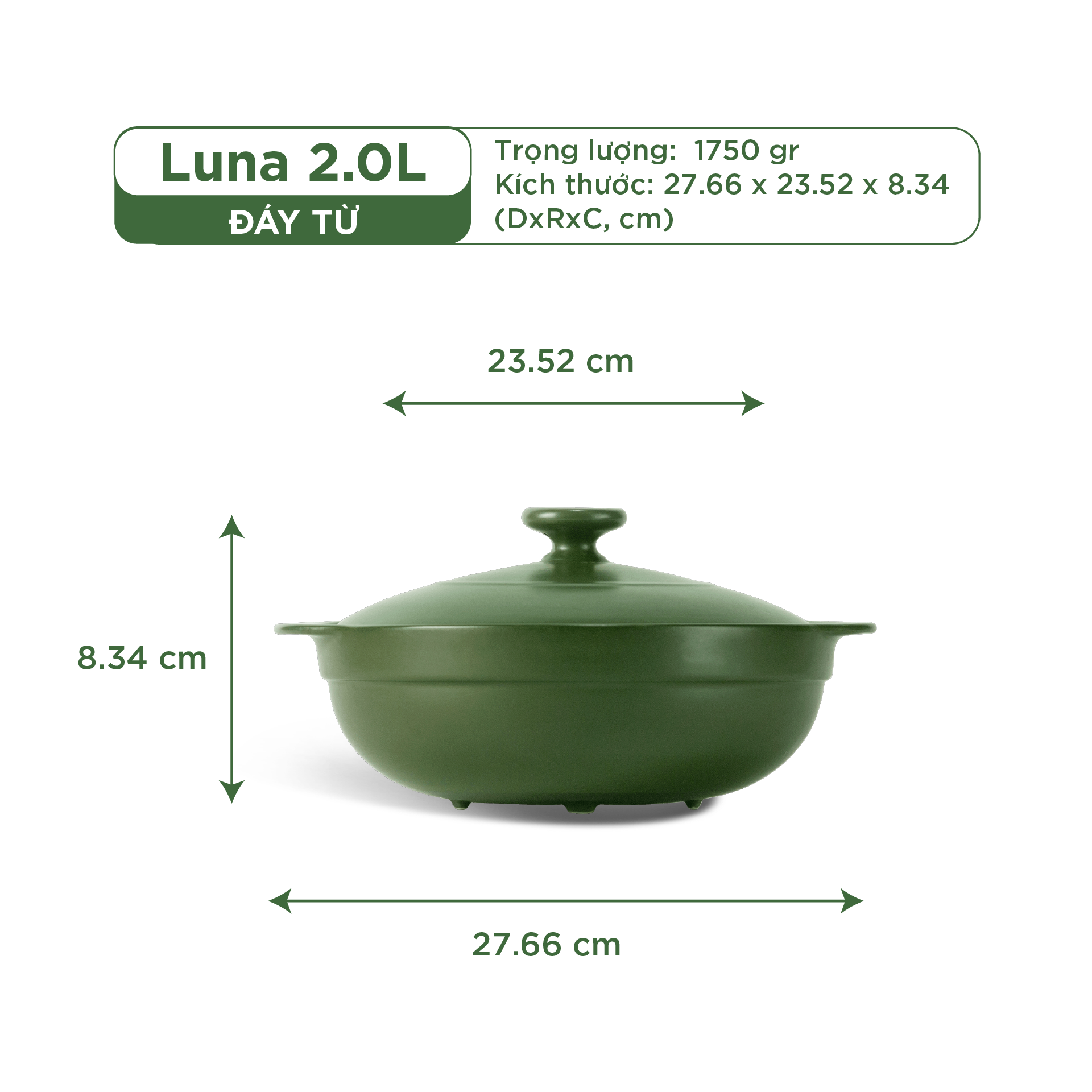 Nồi dưỡng sinh Luna (Nồi cạn) 2.0 L + nắp (CK) (bếp từ) - Xanh Rêu