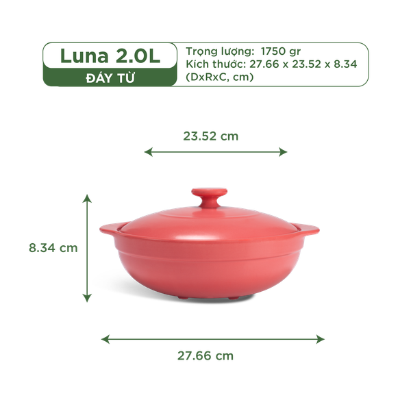 Nồi dưỡng sinh Luna (Nồi cạn) 2.0 L + nắp (CK) (bếp từ) - Màu Đỏ 2