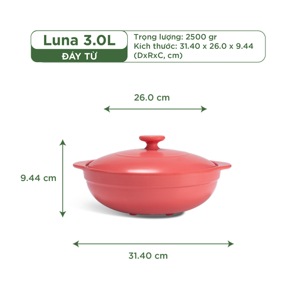 Nồi dưỡng sinh Luna (Nồi cạn) 3.0 L + nắp (CK) (bếp từ) - HealthyCook - Màu Đỏ 2