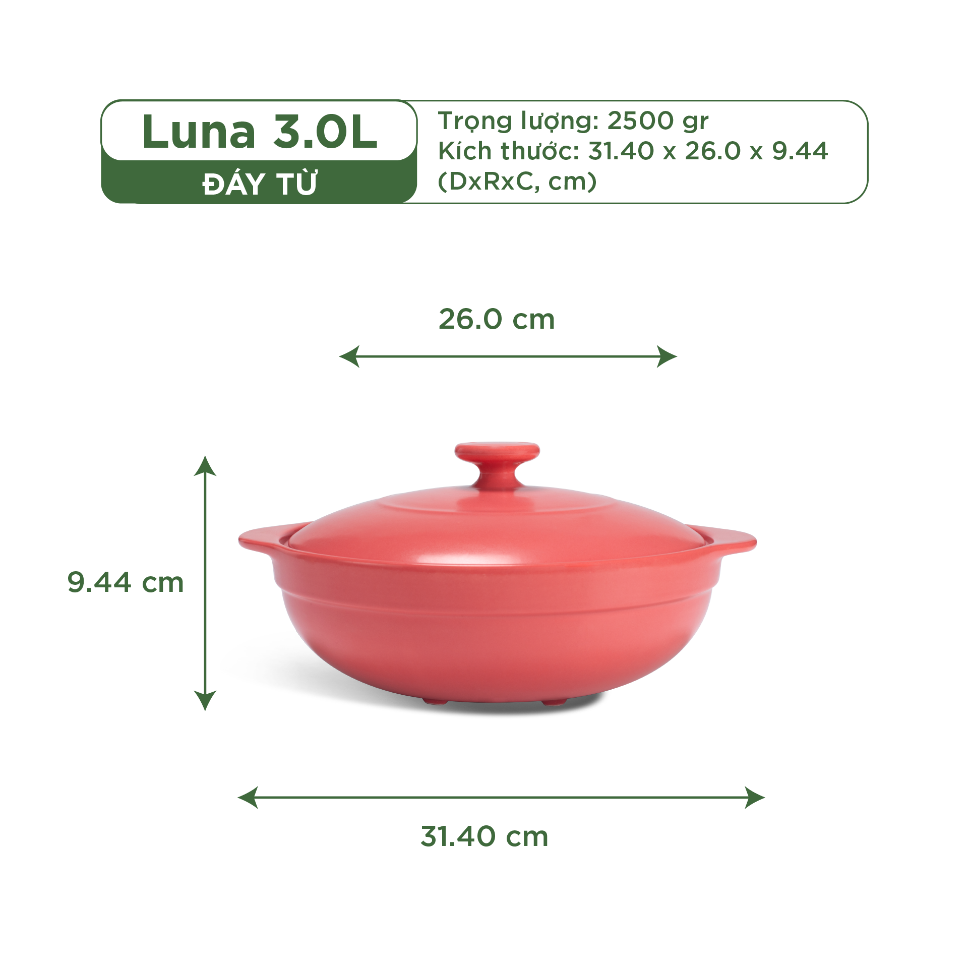 Nồi dưỡng sinh Luna (Nồi cạn) 3.0 L + nắp (CK) (bếp từ) - HealthyCook - Màu Đỏ 2