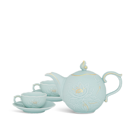  Bộ trà 0.7 L - Sen - Men Ngọc Sương Mờ (Trang Trí Vàng) 