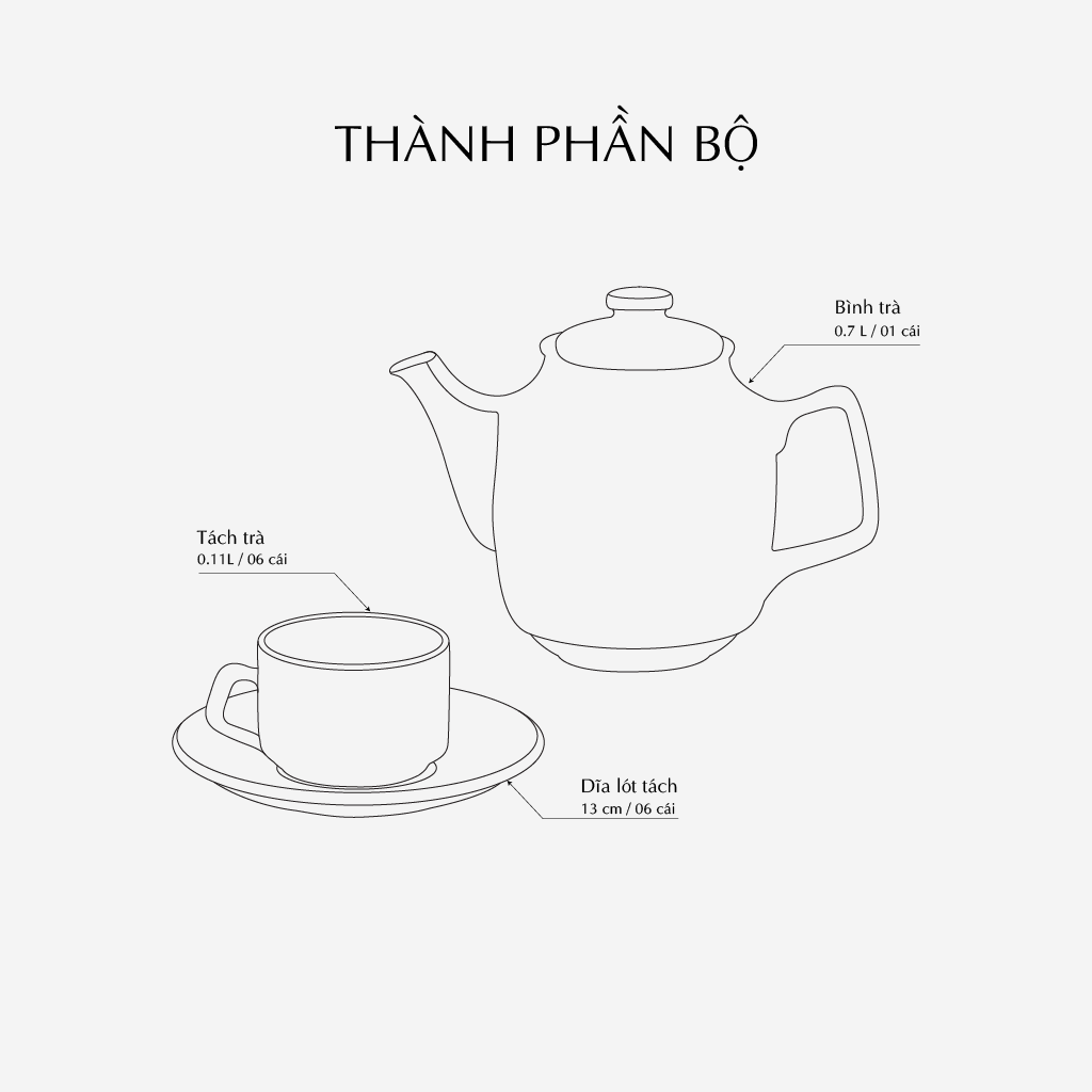 Bộ trà 0.7 L - Mẫu Đơn IFP - Trắng Ngà